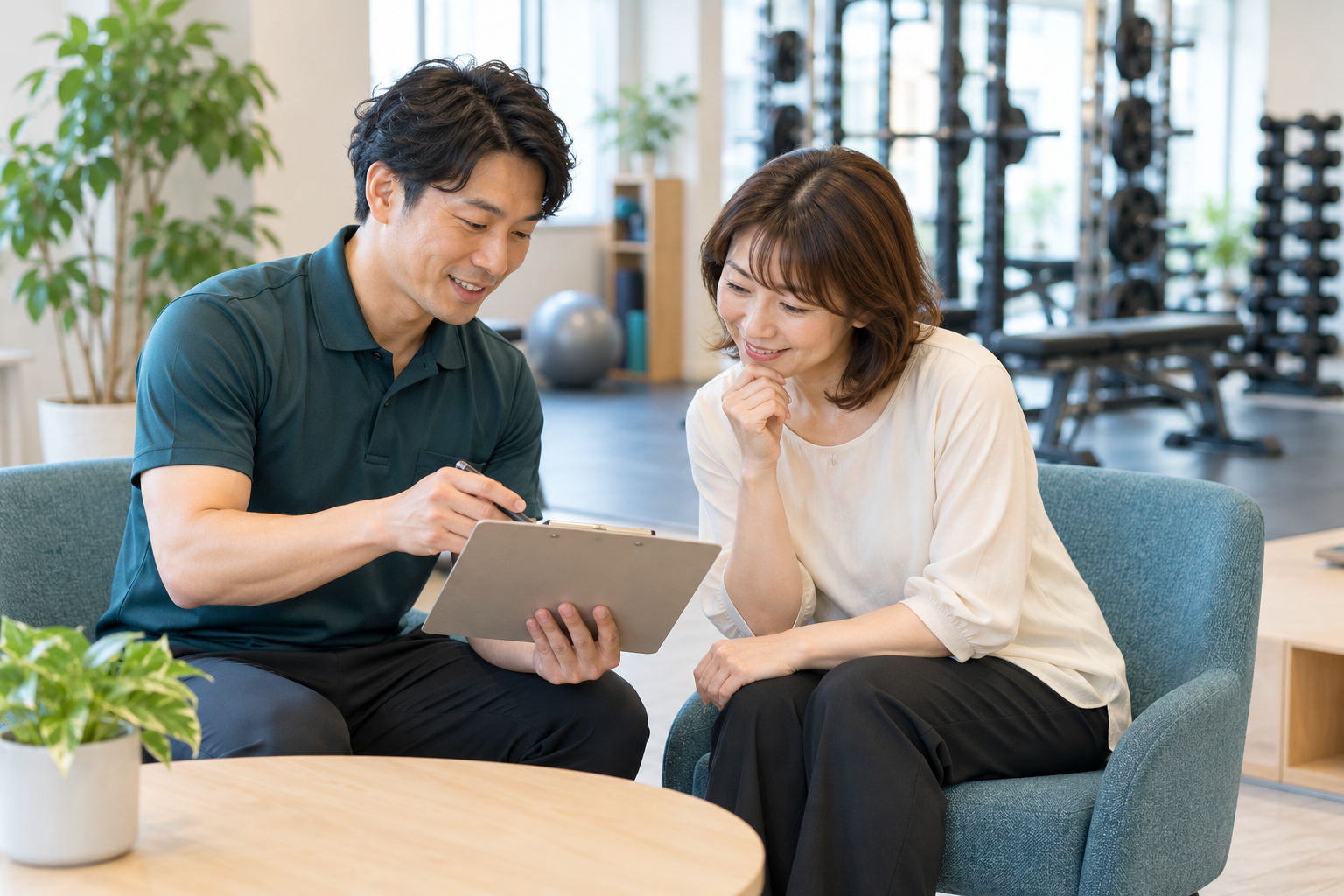 トレーナーと初心者が相談するイメージ