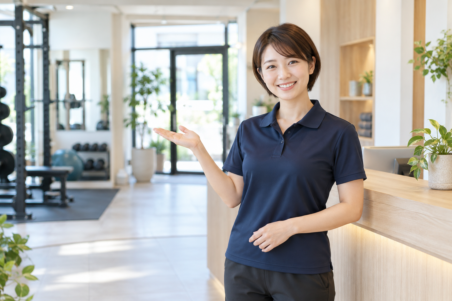 受付で笑顔で迎える架空のトレーナーのAI生成イメージ
